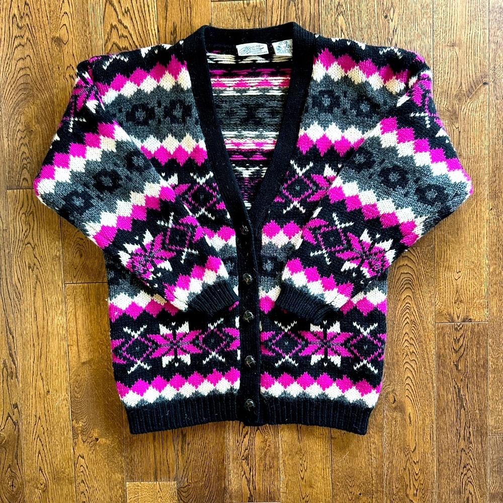 BRASS PLUM Nordstrom 100% Shetland Wool Fair Isle Cardigan Sweater